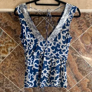 Vintage Y2K Bebe Blue Silver Sequin Silk V-Neck Blouse Tie Back Small thumbnail 3