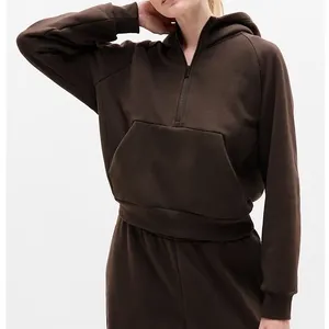 Athleta Womens Forever Fleece‎ Brown 1/2 Zip Athleisure Lounge Hoodie Size M thumbnail 1
