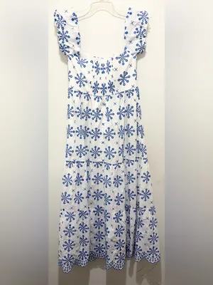 Hale Bob Blue &‎ White Embroidered Tiered Maxi Dress Large NWT thumbnail 2
