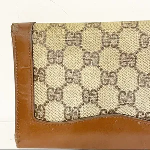 Gucci Vintage Brown Leather Cloth Wallet‎ Check Holder Snap Zipper thumbnail 7