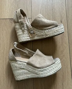 Neutral Suede Espadrille Wedge Sandals with Ankle Strap Tan Size 6.5 thumbnail 1