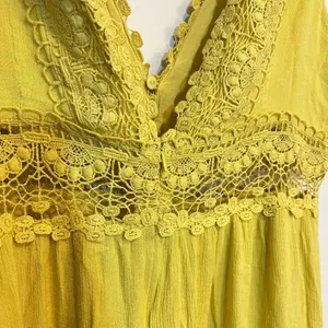 Boho Maxi Dress‎ Yellow Sleeveless V Neck Crochet Lace Tiered Flowy Small thumbnail 3