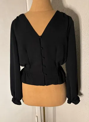 Topshop Black V-Neck Buttondown Smocked Peplum Top 2 Peasant Boho Classic Casual thumbnail 1