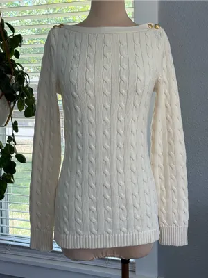 Lauren Ralph Lauren Boat Neck Cotton Cable Knit Sweater Size Medium thumbnail 1