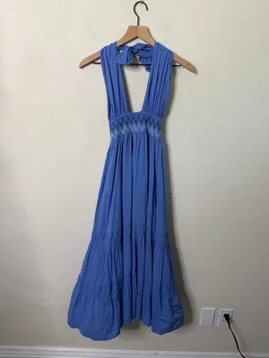 Misa Karolina Dress Blue Halter Smocked Fit & Flare Poplin Midi‎ Dress Size XS thumbnail 5