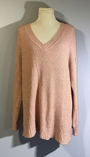 American Eagle Pink Waffle Knit V-Neck Oversized Tunic Sweater Size M thumbnail 1