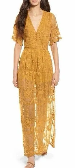 Socialite mustard embroidered lace plunge maxi dress Size Xs 100% Nylon & Cotton thumbnail 1