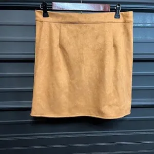 Faux Suede Tan Mini Skirt with Button Detail Casual‎ Trendy Women's thumbnail 2