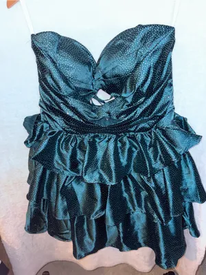 Amazon Strapless Teal Satin Polka Dot Cut Out Ruffle Dress thumbnail 2