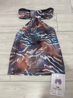 Dead Myself Abstract Tiger Galaxy Print Halter Top Sequin Trim Open Back NWT thumbnail 1