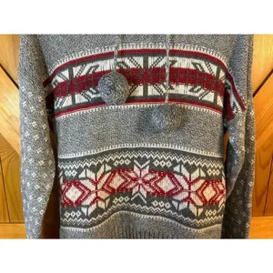 Yes Lola Hooded Cropped Knit Sweater Gray Lined Hood Pom Poms Size Large (5365) thumbnail 3