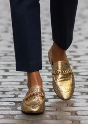 Karl Lagerfeld Paris Elsa Gold Metallic Snakeskin Chain Loafers Womans 9M thumbnail 1