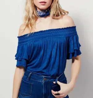 Free People OB474685 “Santorini” Off the Shoulder Sapphire Blue Top Size M thumbnail 2