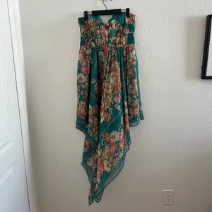 Y2k strapless Teal Floral Mariselle Garden Drape Midi Dress thumbnail 7