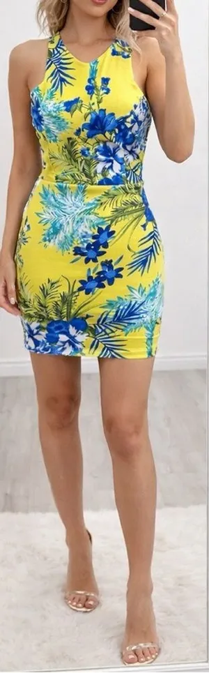 152 Vintage Shop |NWOT USA Yellow Tropical Floral Open Back Bodycon Dress (sz M) thumbnail 1