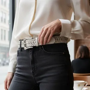 Rhinestone Studded Western Belt Cream Faux Snakeskin M/L Cowgirl Festival‎ Boho thumbnail 2