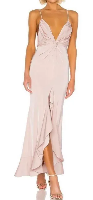 Lovers & Friends Revolve Satin Pink Blush Ruffle Twist Maxi Dress Gown MED NWOT thumbnail 1