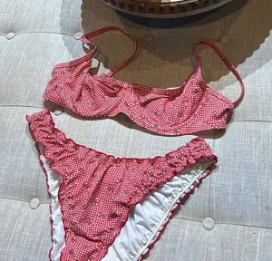 PINK By Frankies Bikinis Red Checkered Bikini Floral Bikini Top + Bottom Set thumbnail 1