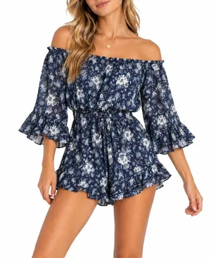 American Eagle Floral Off-The-Shoulder Romper Blue Boho Ruffle Size Small S thumbnail 1