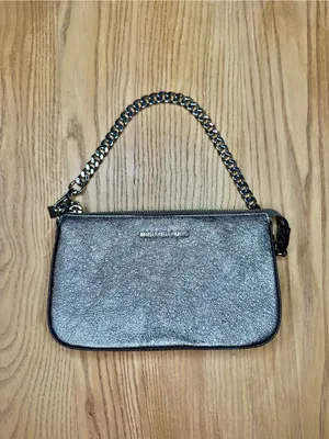 Michael Kors Pouchette Wrislet Gunmetal Metallic Leather Silver Chain Strap thumbnail 2