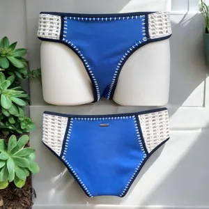 Victorias Secret VS Swim Surf Crochet Bikini Bottom Cheeky Blue Ivory Boho Sz S thumbnail 2