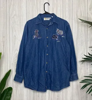 Christine Alexander Bedazzled Cat Button Down Chambray Denim Shirt size M Medium thumbnail 1