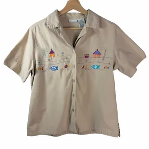 Vintage White Stag Embroidered Tropical Fish Beach Camp Shirt 100% Cotton Size S thumbnail 1