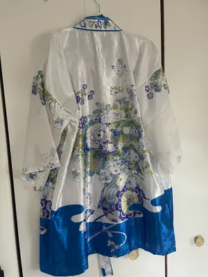 Floral Satin Kimono Robe in White and Blue thumbnail 5