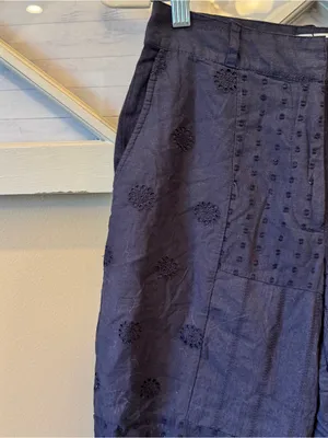Zara Womans Wide Leg Pants Eyelet Embroidered Size XS Navy‎ Blue Boho Cotton thumbnail 2
