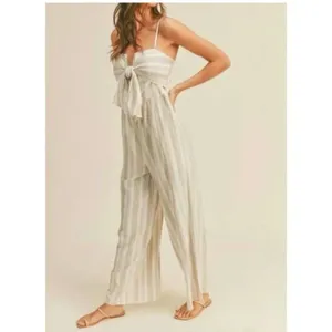 ✨MIOU MUSE sailor striped tie front jumpsuit in beige Sz Medium✨ White thumbnail 3