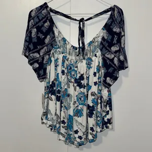 Free People Baja Babe Top Blue & Ivory Boho Floral Print Women’s Small S thumbnail 5