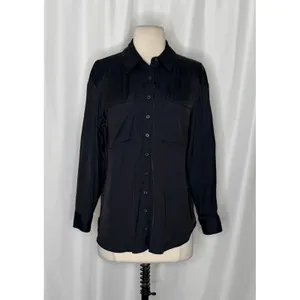 ANTHROPOLOGIE Black Satin Button Down Shirt Blouse Top Pockets Solid Small thumbnail 2