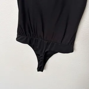 [ASTR] Black Satin Asymmetrical Sleeveless Draped Cowl Neck Bodysuit Sz Medium M thumbnail 8