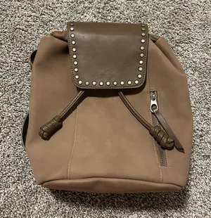 Brown Faux Leather Mini Backpack Studded Flap Boho Casual thumbnail 1