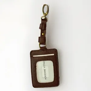 Adrienne Vittadini Brown luggage tag ID holder brown leather gold tone Logo thumbnail 3
