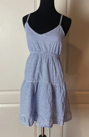 Blue Mini Stripe Nautical Lace Up Back Tiered Cami Dress thumbnail 1