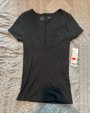 Urban Outfitters Black Ribbed Low-Cut V-Neck Short Sleeve Shirt thumbnail 1