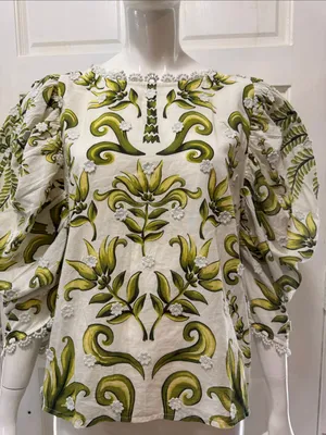 FARM RIO Milani Blouse Floral Puff-Sleeve Women's Top in Olive Green Size Large thumbnail 3