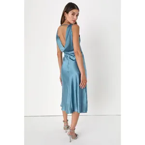 NEW Lulus Incredible Love Slate Blue Satin Cowl Back Midi Slip Dress Formal M thumbnail 5