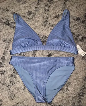 aerie Ribbed Light Blue Triangle Bikini thumbnail 1
