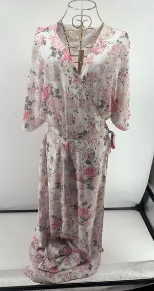 Wayf Pink Floral Wrap Dress Long 3/4 Sleeve Lined Size L thumbnail 1