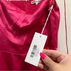 NEW NWT Reformation Marguerite 100% Silk Midi Dress In Flambe Bright Pink thumbnail 12