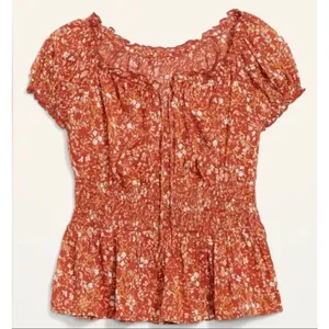 Old Navy orange floral puff sleeve smocked top size M thumbnail 2