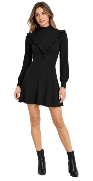 Reformation Black Chapel Ruffled Ribbed Long Sleeve Mini Dress Size S thumbnail 1