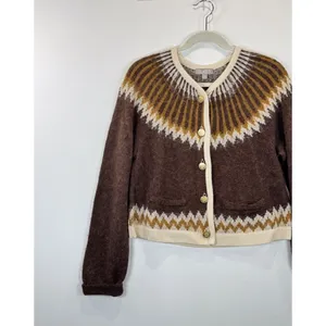 J.CREW Cardigan Brown Brushed Yarn Fair Isle Alpaca Wool Sweater Fuzzy Large thumbnail 6