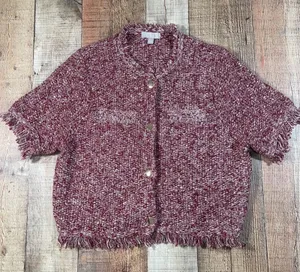 J.Crew Large Merlot Cropped Fringe Lady Jacket Gold Snap Marled Knit Sweater thumbnail 1