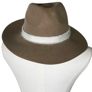 Wide Brim Rancher Fedora Hat Tan‎ Wool Felt White Band Boho Western OS thumbnail 4