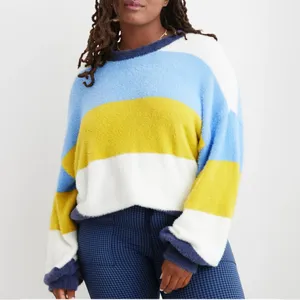 Aerie Flurry Rugby Stripes Fuzzy Oversized Crew Neck Sweater Blue Green Medium‎ thumbnail 3