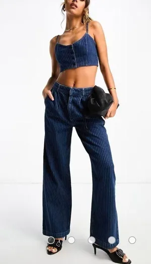 ASOS DESIGN Tailored Pinstripe Jeans Pants and Crop Top Set thumbnail 1
