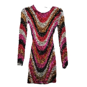 B DARLIN Sequined Low-Back Mini Dress Juniors XS Multi Crew‎ Neck Long Sleeve thumbnail 3
